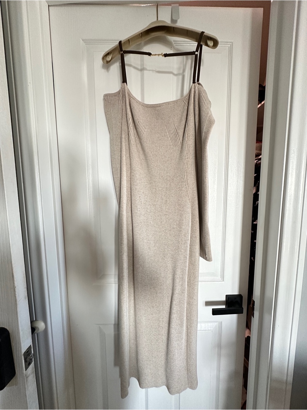 Jacquemus Cream Beige Off-Shoulder Ribbed Long Sleeve Midi Dress